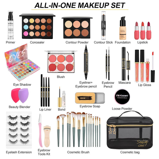 Makeup Set,Make up Starter Kit with Storage Bag Portable Travel Make up Palette Eyeshadow Foundation Lip Gloss for Teenage & Adults (Type A)