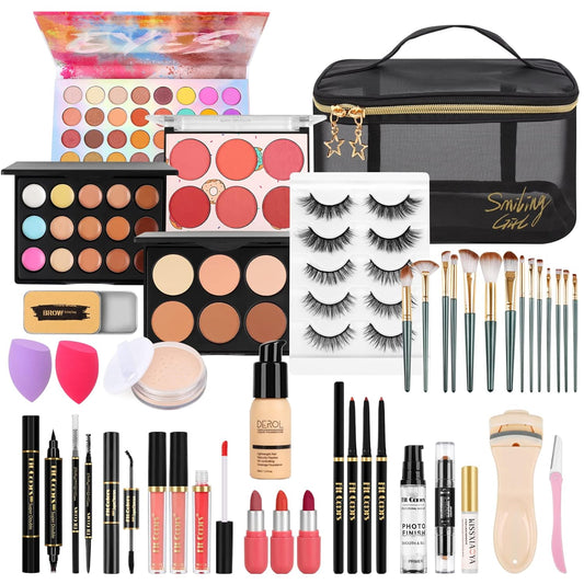 Makeup Set,Make up Starter Kit with Storage Bag Portable Travel Make up Palette Eyeshadow Foundation Lip Gloss for Teenage & Adults (Type A)